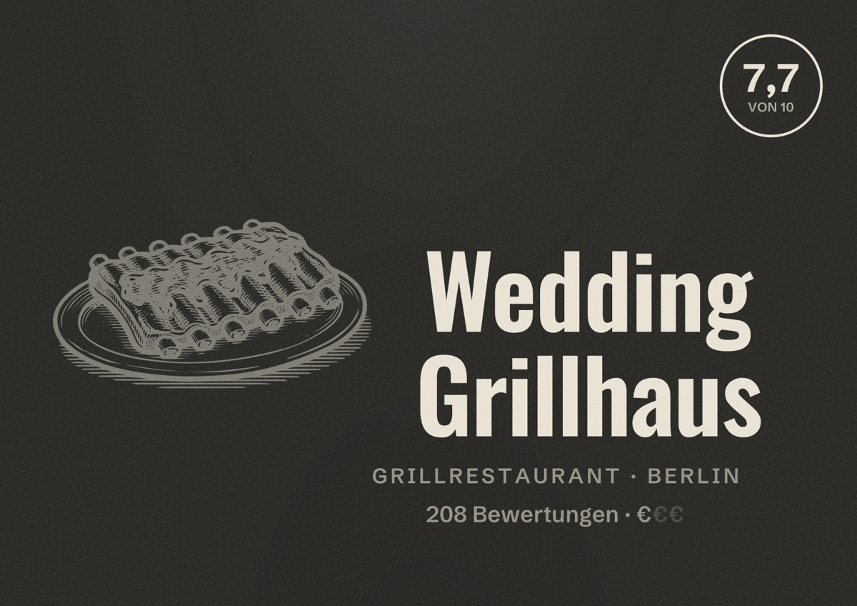 Illustriertes Poster von Wedding Grillhaus, Grillrestaurant in Berlin: Bewertung 7,7 von 10 aus 208 Bewertungen, Preisniveau €