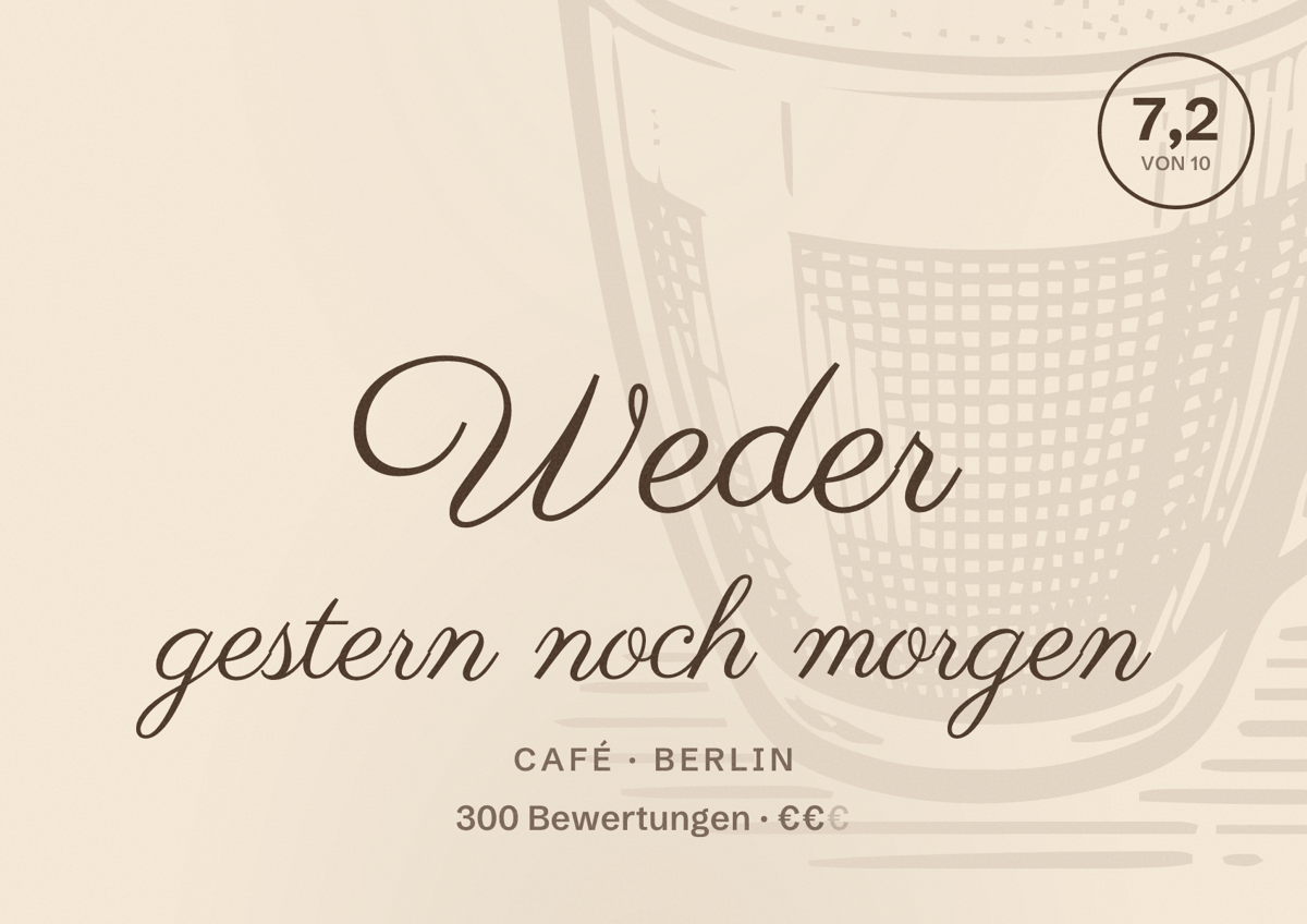 Illustriertes Poster von Weder gestern noch morgen, Café in Berlin: Bewertung 7,2 von 10 aus 300 Bewertungen, Preisniveau €€