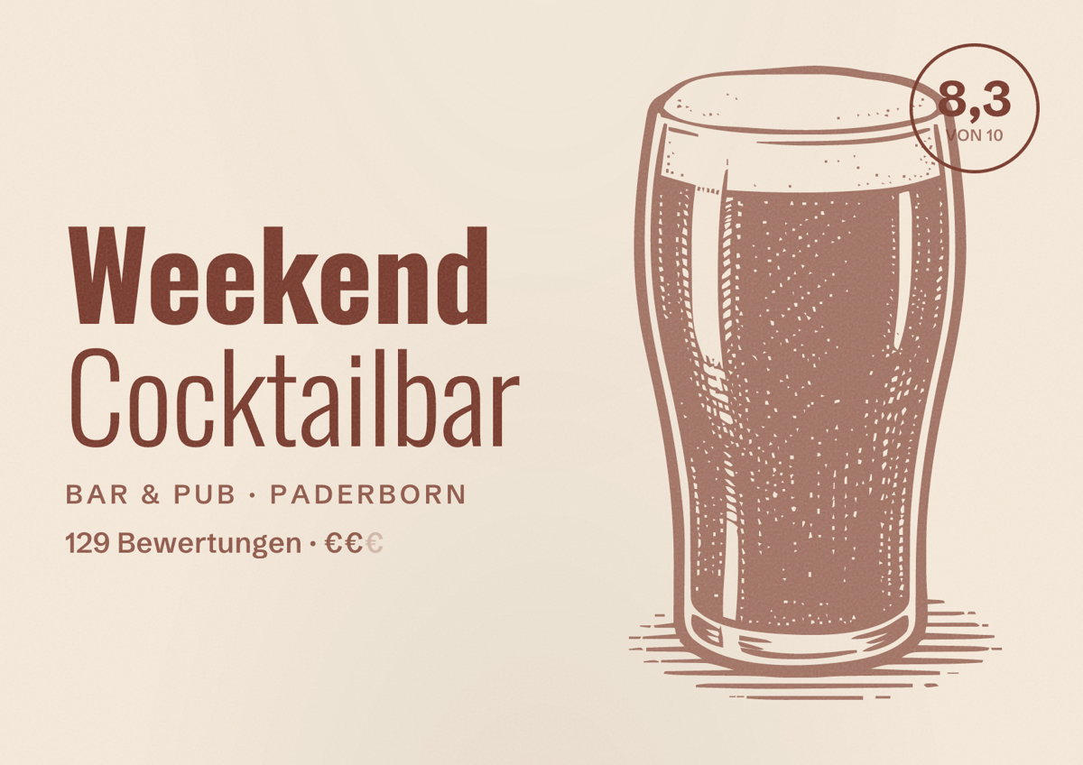 Illustriertes Poster von Weekend Cocktailbar, Bar & Pub in Paderborn: Gästebewertung 8,3 von 10 aus 129 Bewertungen