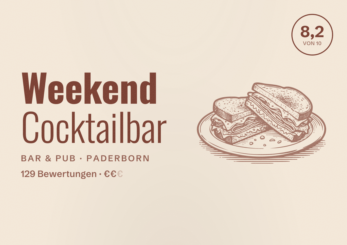 Illustriertes Poster von Weekend Cocktailbar, Bar & Pub in Paderborn: Bewertung 8,2 von 10 aus 129 Bewertungen, Preisniveau €€
