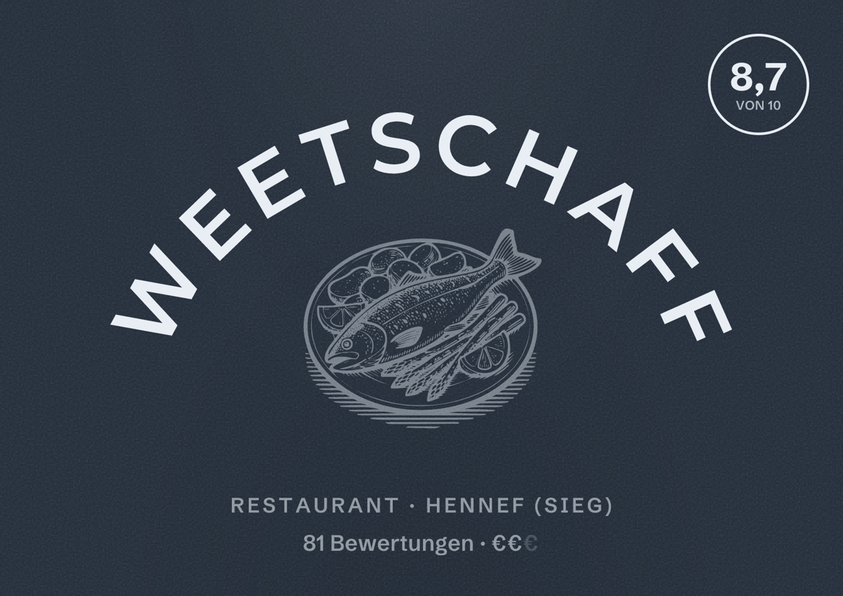 Illustriertes Poster von Weetschaff, Restaurant in Hennef (Sieg): Bewertung 8,7 von 10 aus 81 Bewertungen, Preisniveau €€