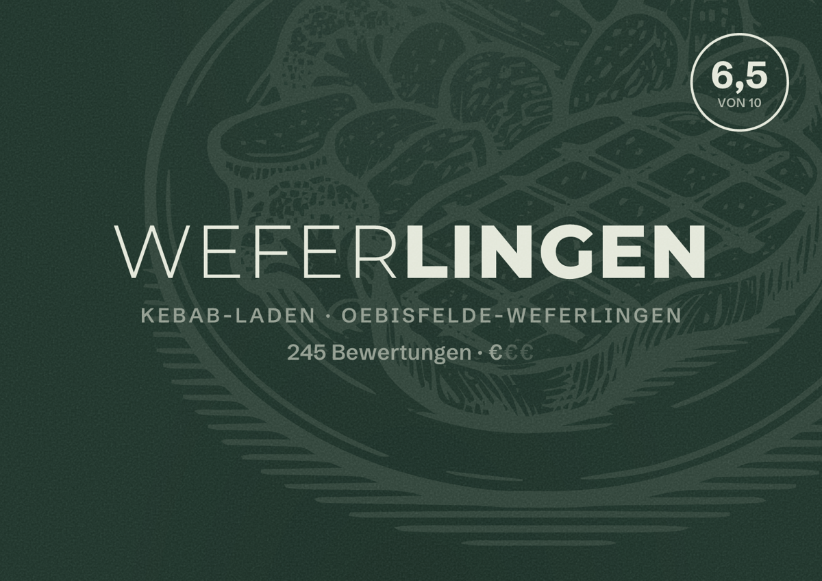 Illustriertes Poster von Weferlingen, Kebab-Laden in Oebisfelde-Weferlingen: Bewertung 6,5 von 10 aus 245 Bewertungen, Preisniveau €