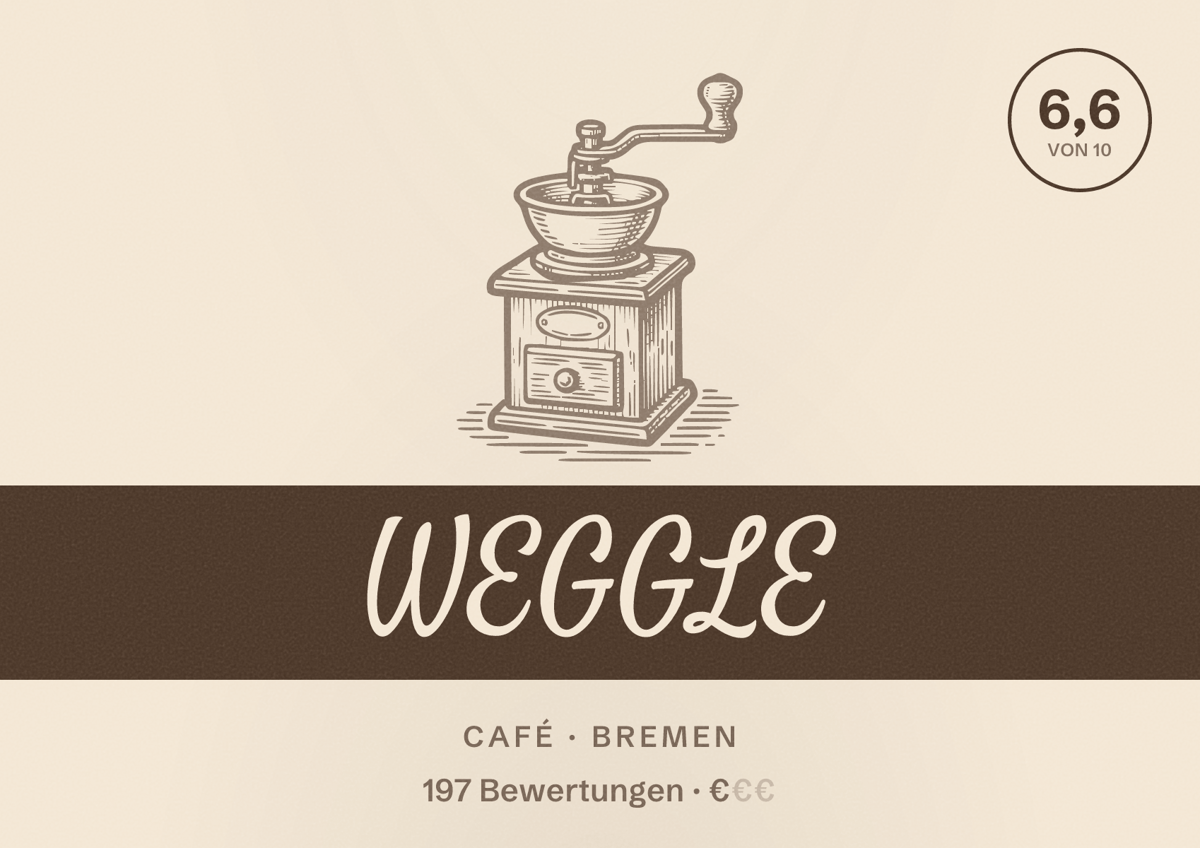 Illustriertes Poster von WEGGLE, Café in Bremen: Bewertung 6,6 von 10 aus 197 Bewertungen, Preisniveau €