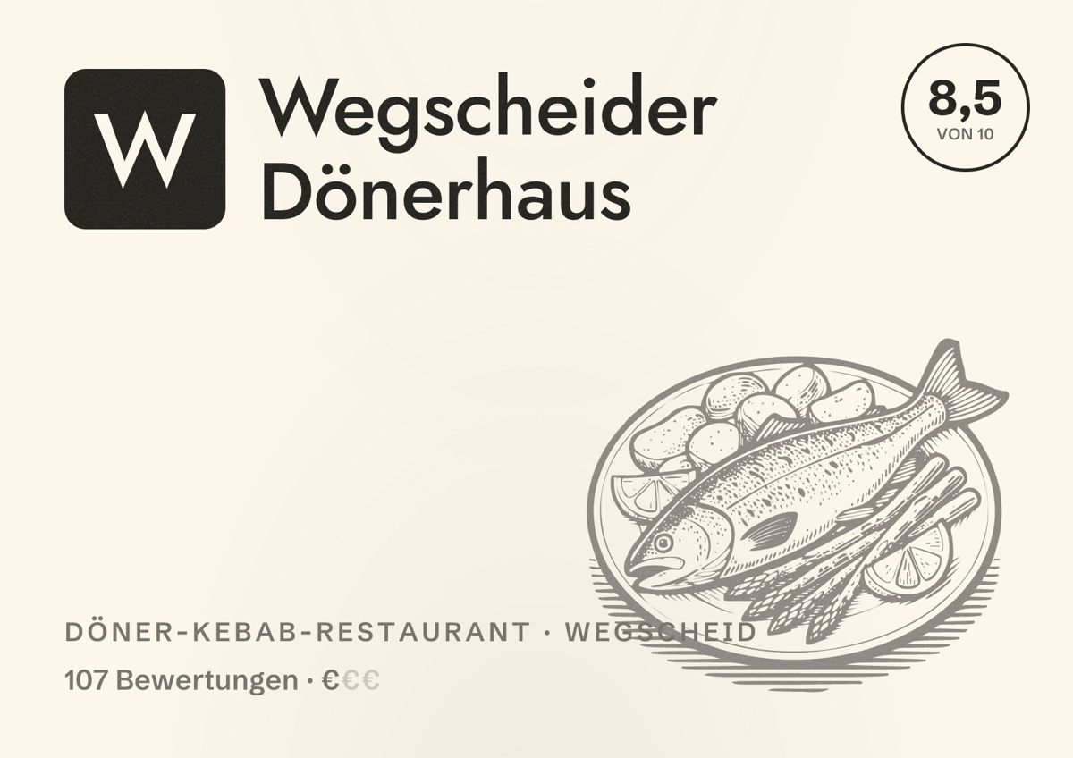 Illustriertes Poster von Wegscheider Dönerhaus, Döner-Kebab-Restaurant in Wegscheid: Bewertung 8,5 von 10 aus 107 Bewertungen, Preisniveau €