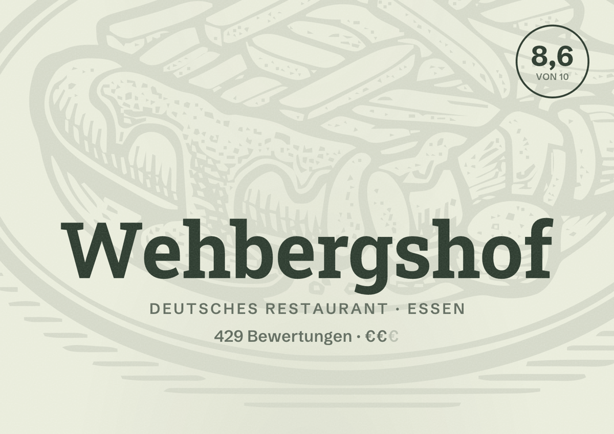 Illustriertes Poster von Wehbergshof, Deutsches Restaurant in Essen: Bewertung 8,6 von 10 aus 429 Bewertungen, Preisniveau €€