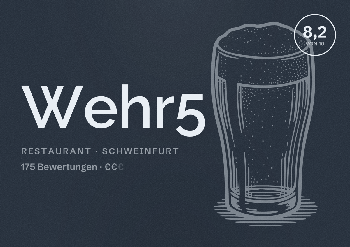 Illustriertes Poster von Wehr5, Restaurant in Schweinfurt: Bewertung 8,2 von 10 aus 175 Bewertungen, Preisniveau €€