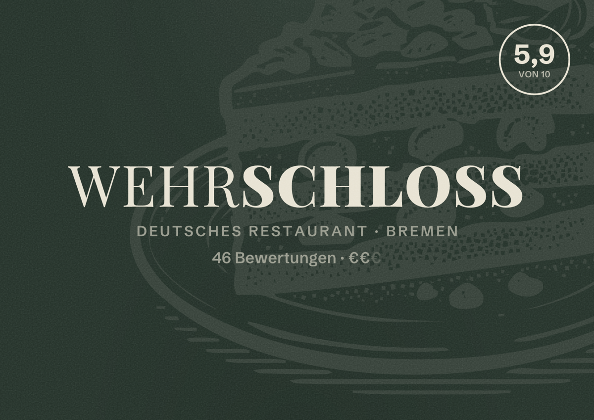 Illustriertes Poster von Wehrschloss, Deutsches Restaurant in Bremen: Bewertung 5,9 von 10 aus 46 Bewertungen, Preisniveau €€