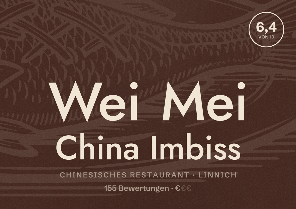 Illustriertes Poster von Wei Mei China Imbiss, Chinesisches Restaurant in Linnich: Bewertung 6,4 von 10 aus 155 Bewertungen, Preisniveau €