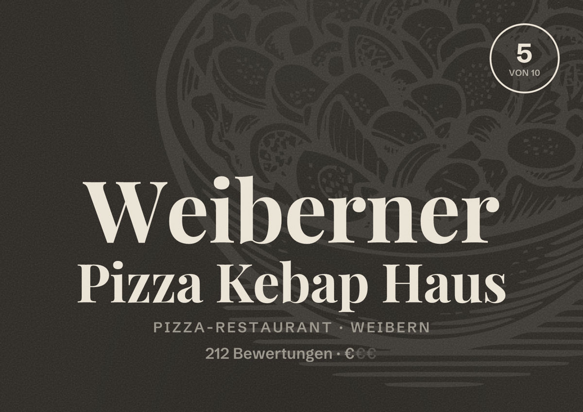 Illustriertes Poster von Weiberner Pizza Kebap Haus, Pizza-Restaurant in Weibern: Bewertung 5 von 10 aus 212 Bewertungen, Preisniveau €