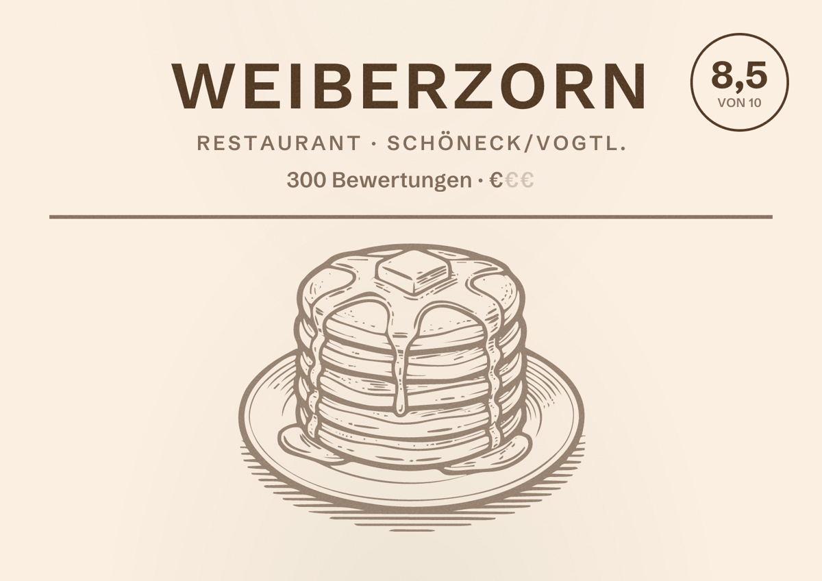 Illustriertes Poster von Weiberzorn, Restaurant in Schöneck/Vogtl.: Bewertung 8,5 von 10 aus 300 Bewertungen, Preisniveau €