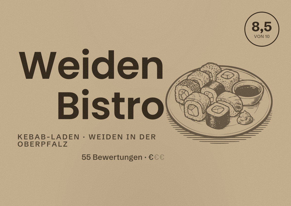 Illustriertes Poster von Weiden Bistro, Kebab-Laden in Weiden in der Oberpfalz: Bewertung 8,5 von 10 aus 55 Bewertungen, Preisniveau €