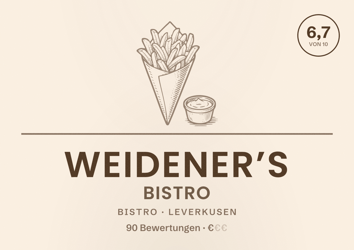 Illustriertes Poster von WEIDENER’s Bistro, Bistro in Leverkusen: Bewertung 6,7 von 10 aus 90 Bewertungen, Preisniveau €