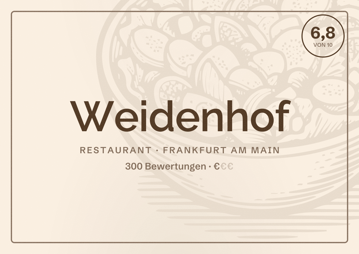 Illustriertes Poster von Weidenhof, Restaurant in Frankfurt am Main: Bewertung 6,8 von 10 aus 300 Bewertungen, Preisniveau €