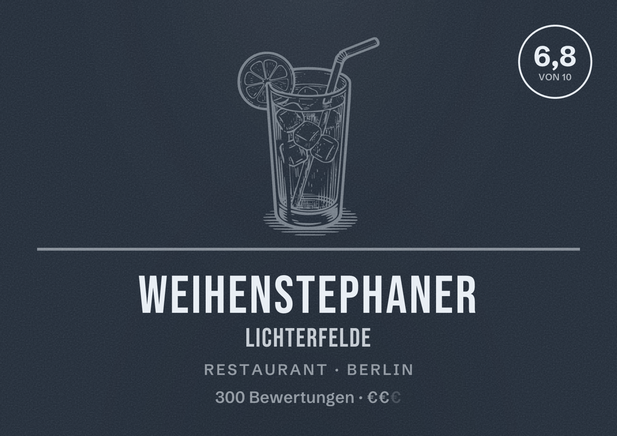 Illustriertes Poster von Weihenstephaner Lichterfelde, Restaurant in Berlin: Bewertung 6,8 von 10 aus 300 Bewertungen, Preisniveau €€