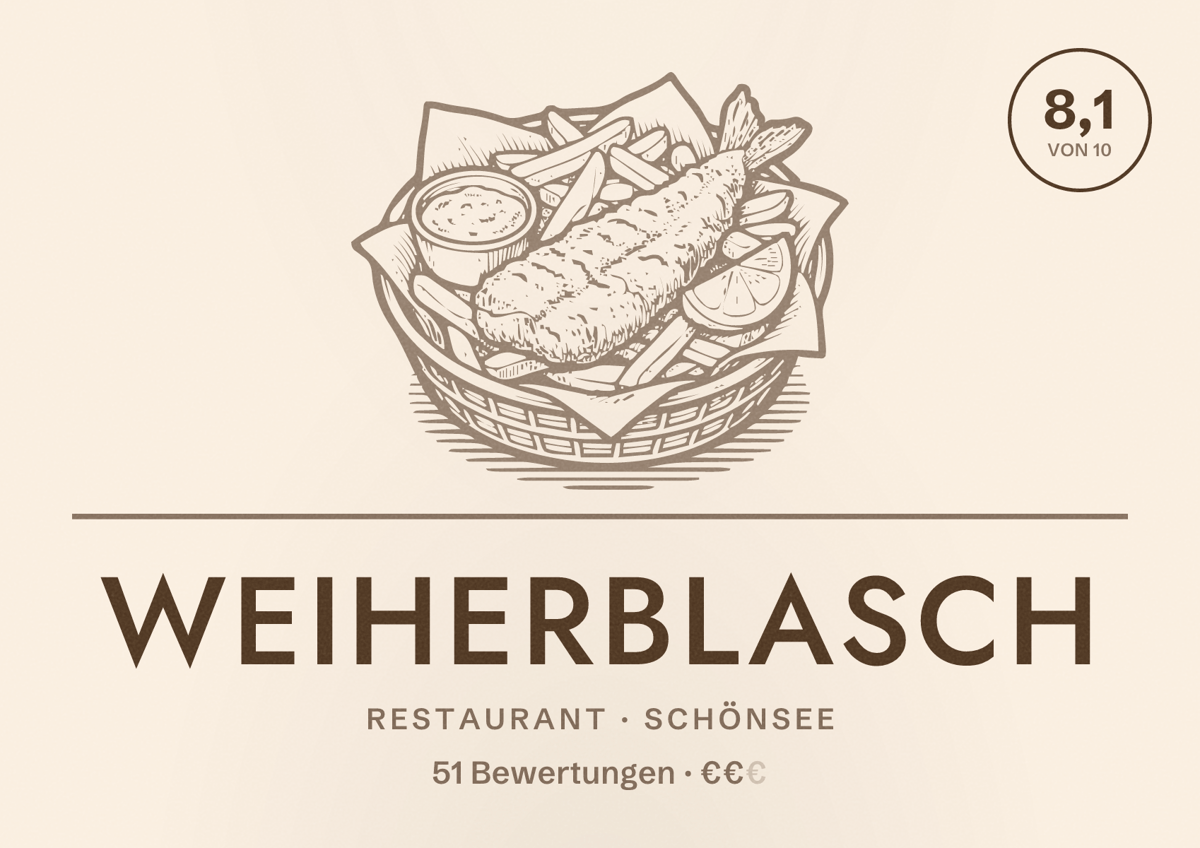 Illustriertes Poster von Weiherblasch, Restaurant in Schönsee: Bewertung 8,1 von 10 aus 51 Bewertungen, Preisniveau €€