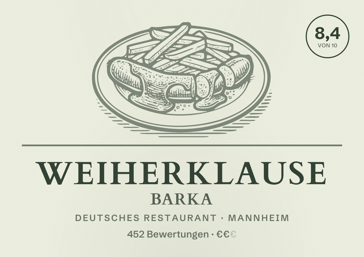 Illustriertes Poster von Weiherklause Barka, Deutsches Restaurant in Mannheim: Bewertung 8,4 von 10 aus 452 Bewertungen, Preisniveau €€