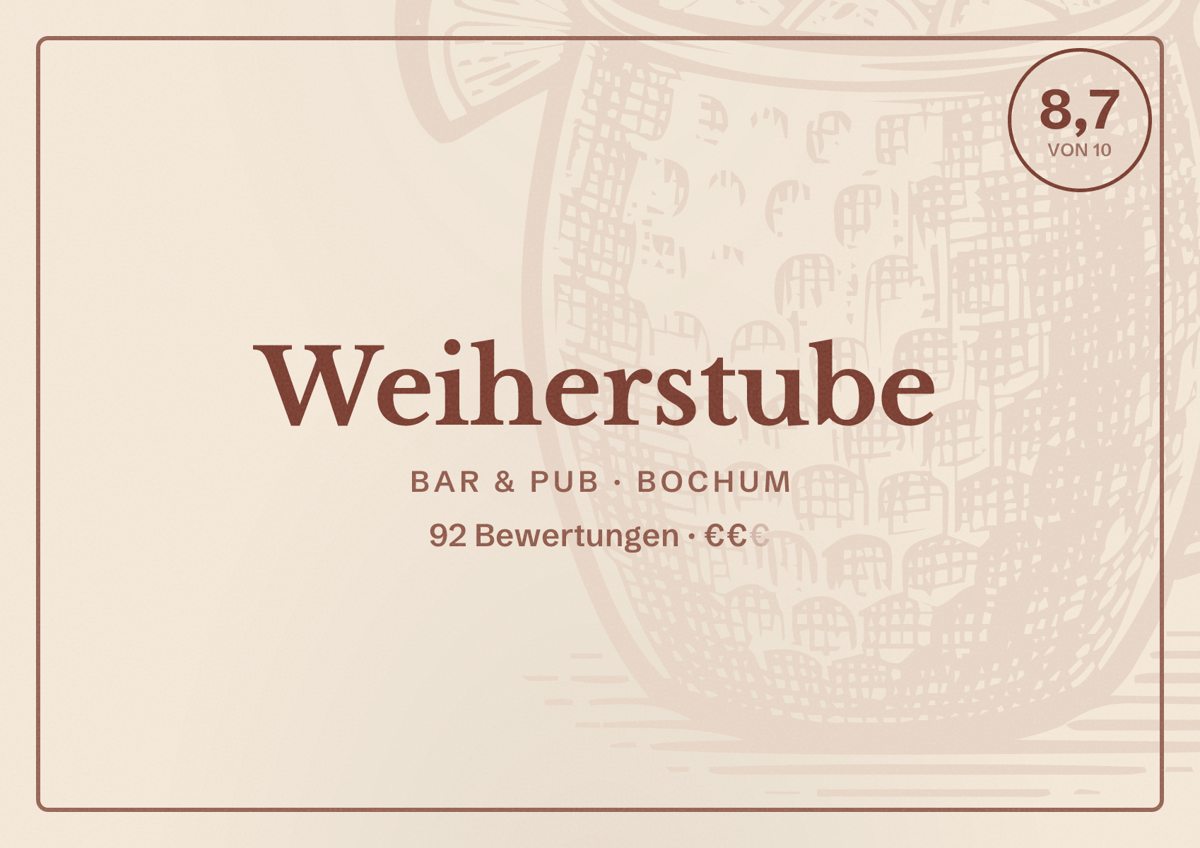 Illustriertes Poster von Weiherstube, Bar & Pub in Bochum: Bewertung 8,7 von 10 aus 92 Bewertungen, Preisniveau €€