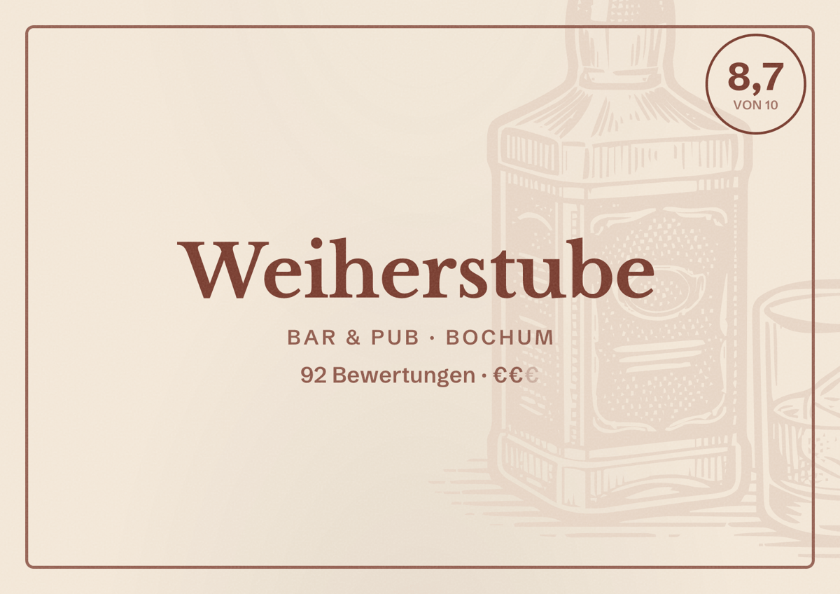 Illustriertes Poster von Weiherstube, Bar & Pub in Bochum: Bewertung 8,7 von 10 aus 92 Bewertungen, Preisniveau €€