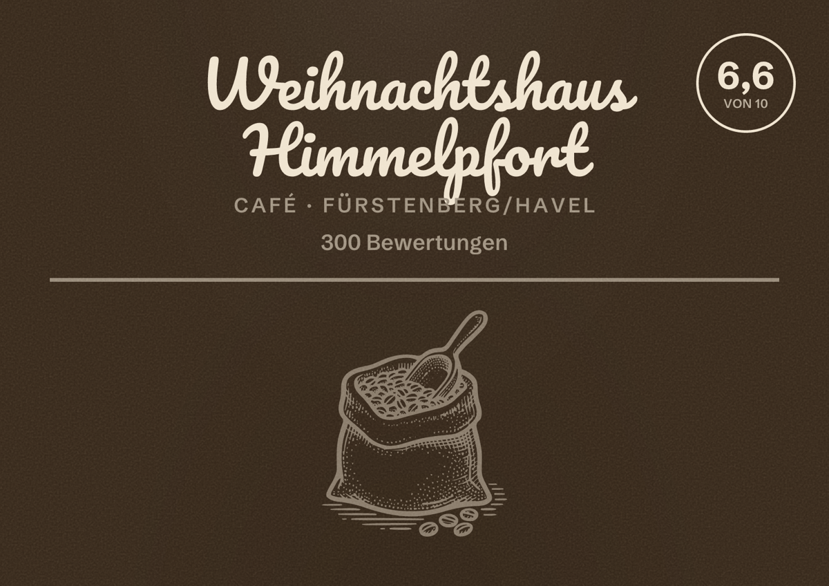 Illustriertes Poster von Weihnachtshaus Himmelpfort, Café in Fürstenberg/Havel: Bewertung 6,6 von 10 aus 300 Bewertungen