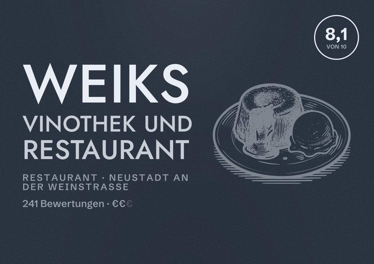 Illustriertes Poster von Weiks Vinothek und Restaurant, Restaurant in Neustadt an der Weinstraße: Bewertung 8,1 von 10 aus 241 Bewertungen, Preisniveau €€