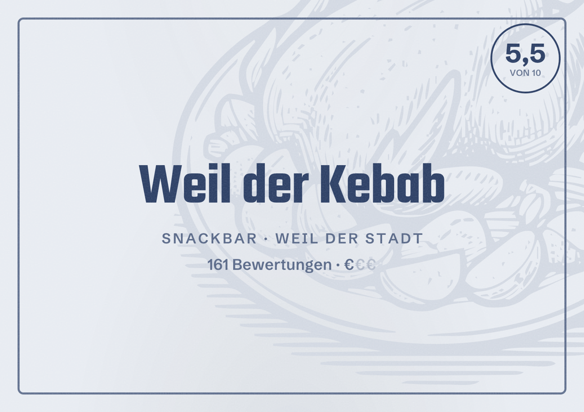 Illustriertes Poster von Weil der Kebab, Snackbar in Weil der Stadt: Bewertung 5,5 von 10 aus 161 Bewertungen, Preisniveau €