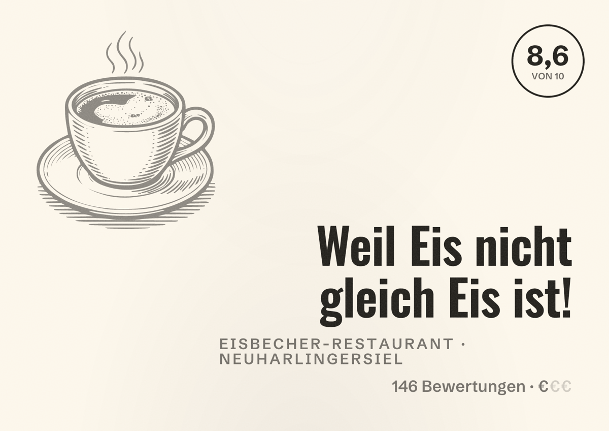 Illustriertes Poster von Weil Eis nicht gleich Eis ist!, Eisbecher-Restaurant in Neuharlingersiel: Bewertung 8,6 von 10 aus 146 Bewertungen, Preisniveau €