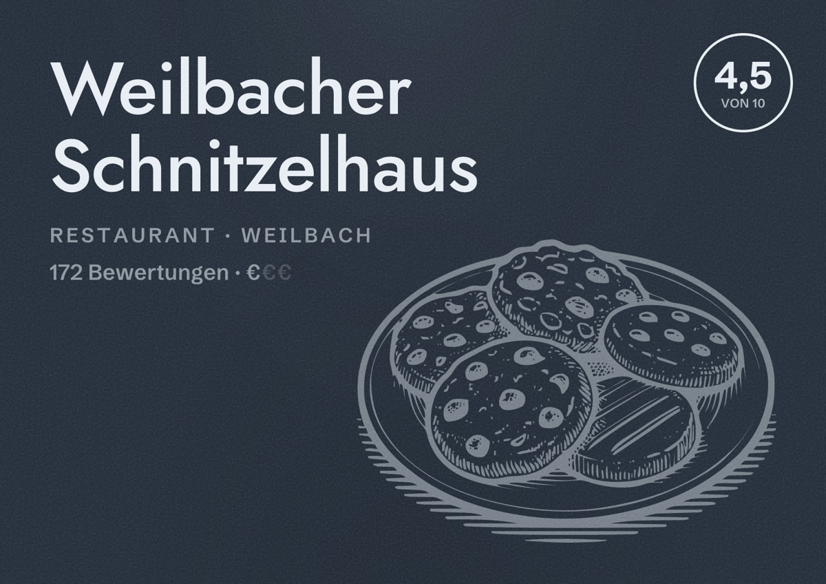 Illustriertes Poster von Weilbacher Schnitzelhaus, Restaurant in Weilbach: Bewertung 4,5 von 10 aus 172 Bewertungen, Preisniveau €