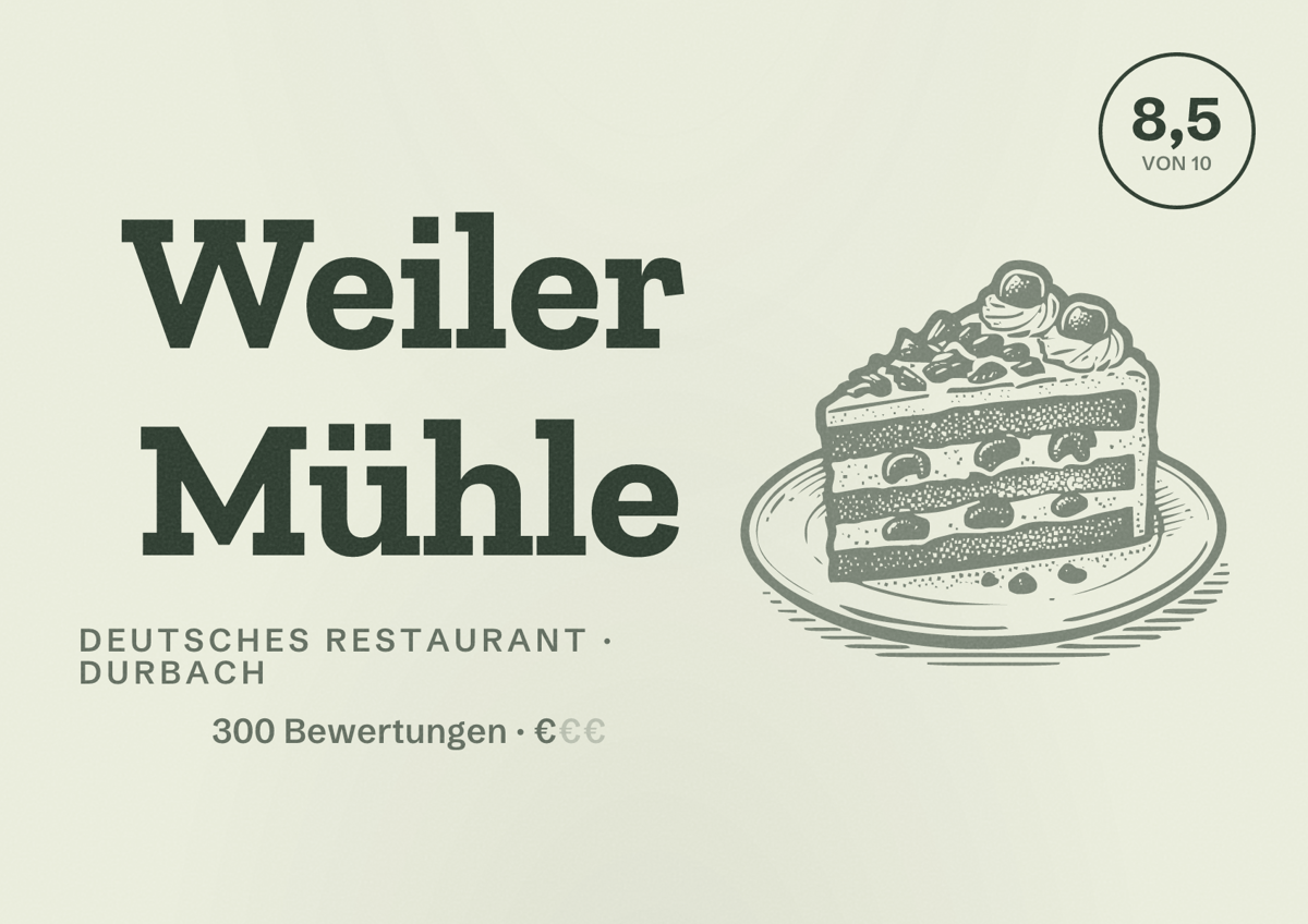 Illustriertes Poster von Weiler Mühle, Deutsches Restaurant in Durbach: Bewertung 8,5 von 10 aus 300 Bewertungen, Preisniveau €