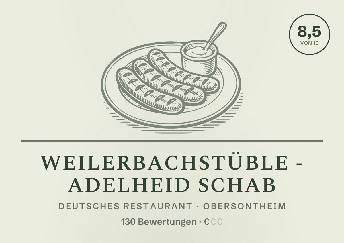 Illustriertes Poster von Weilerbachstüble - Adelheid Schab, Deutsches Restaurant in Obersontheim: Bewertung 8,5 von 10 aus 130 Bewertungen, Preisniveau €
