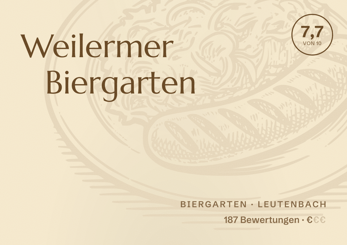 Illustriertes Poster von Weilermer Biergarten, Biergarten in Leutenbach: Bewertung 7,7 von 10 aus 187 Bewertungen, Preisniveau €