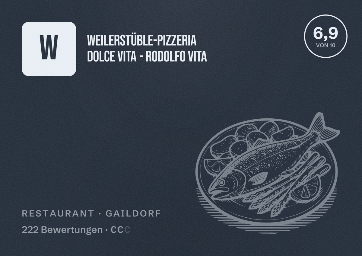 Illustriertes Poster von Weilerstüble-Pizzeria Dolce Vita - Rodolfo Vita, Restaurant in Gaildorf: Bewertung 6,9 von 10 aus 222 Bewertungen, Preisniveau €€
