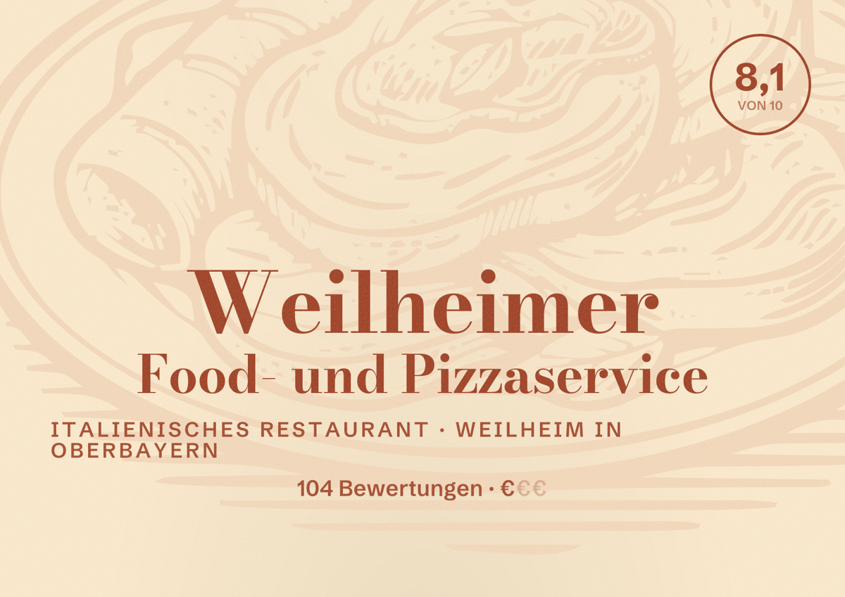 Illustriertes Poster von Weilheimer Food- und Pizzaservice, Italienisches Restaurant in Weilheim in Oberbayern: Bewertung 8,1 von 10 aus 104 Bewertungen, Preisniveau €