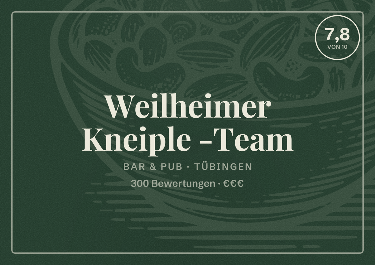 Illustriertes Poster von Weilheimer Kneiple -Team, Bar & Pub in Tübingen: Bewertung 7,8 von 10 aus 300 Bewertungen, Preisniveau €€€