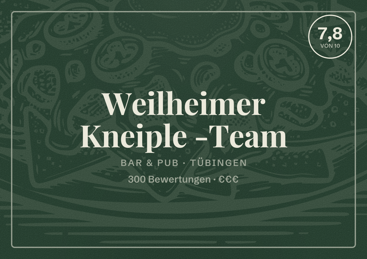 Illustriertes Poster von Weilheimer Kneiple -Team, Bar & Pub in Tübingen: Bewertung 7,8 von 10 aus 300 Bewertungen, Preisniveau €€€
