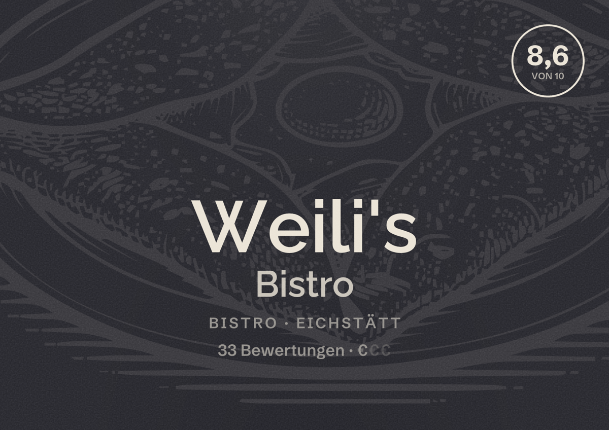 Illustriertes Poster von Weili's Bistro, Bistro in Eichstätt: Bewertung 8,6 von 10 aus 33 Bewertungen, Preisniveau €
