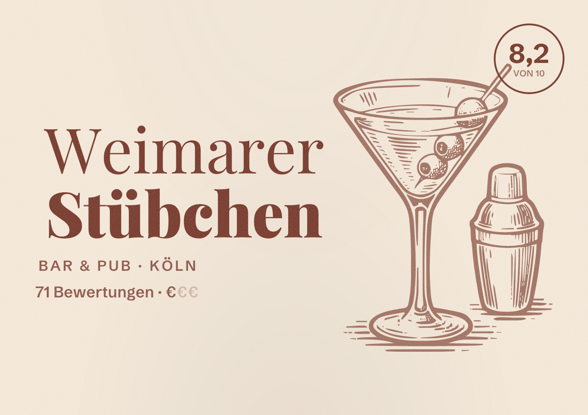 Illustriertes Poster von Weimarer Stübchen, Bar & Pub in Köln: Bewertung 8,2 von 10 aus 71 Bewertungen, Preisniveau €