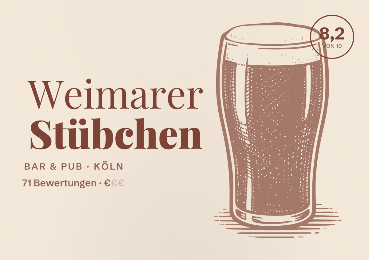 Illustriertes Poster von Weimarer Stübchen, Bar & Pub in Köln: Bewertung 8,2 von 10 aus 71 Bewertungen, Preisniveau €