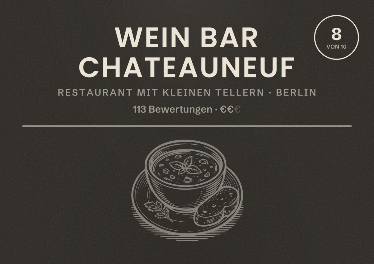 Illustriertes Poster von Wein Bar Chateauneuf, Restaurant mit kleinen Tellern in Berlin: Bewertung 8,0 von 10 aus 113 Bewertungen, Preisniveau €€
