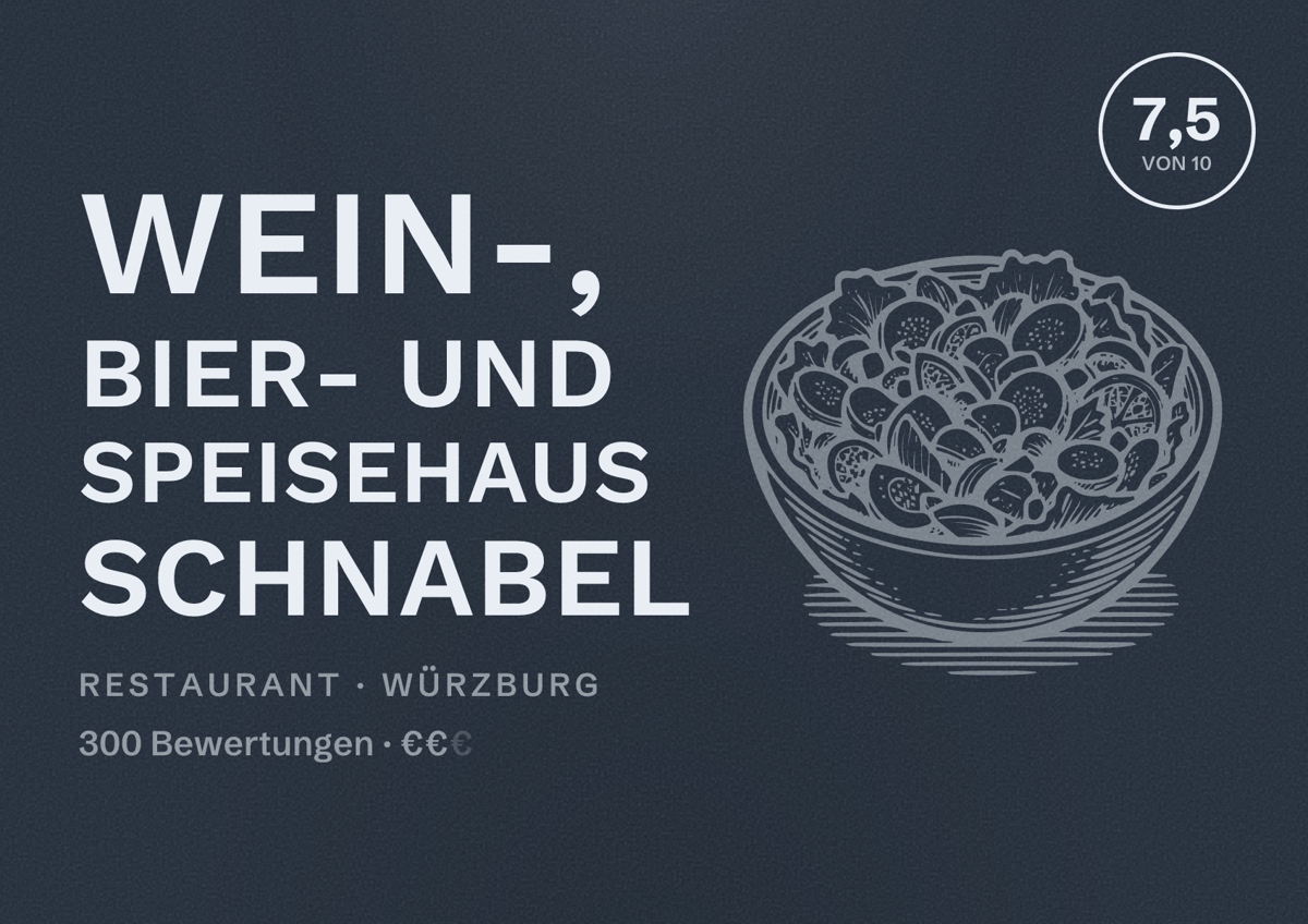 Illustriertes Poster von Wein-, Bier- und Speisehaus Schnabel, Restaurant in Würzburg: Bewertung 7,5 von 10 aus 300 Bewertungen, Preisniveau €€