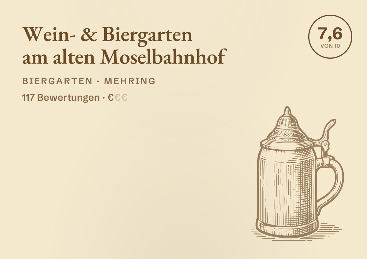 Illustriertes Poster von Wein- & Biergarten am alten Moselbahnhof, Biergarten in Mehring: Bewertung 7,6 von 10 aus 117 Bewertungen, Preisniveau €