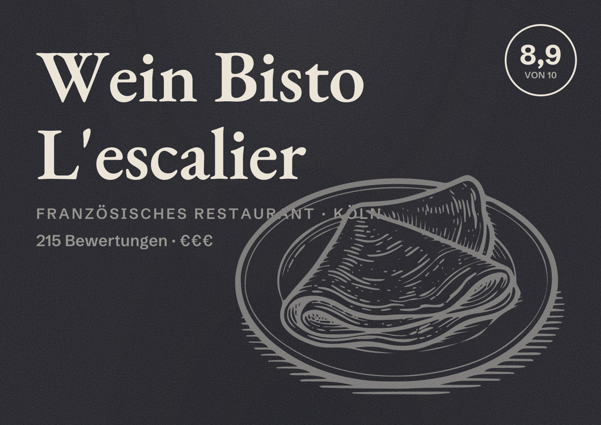 Illustriertes Poster von Wein Bisto L'escalier, Französisches Restaurant in Köln: Bewertung 8,9 von 10 aus 215 Bewertungen, Preisniveau €€€