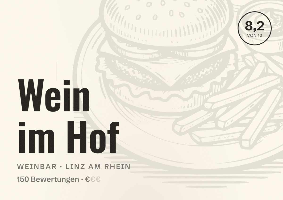 Illustriertes Poster von Wein im Hof, Weinbar in Linz am Rhein: Bewertung 8,2 von 10 aus 150 Bewertungen, Preisniveau €