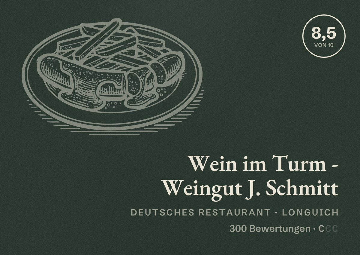 Illustriertes Poster von Wein im Turm - Weingut J. Schmitt, Deutsches Restaurant in Longuich: Bewertung 8,5 von 10 aus 300 Bewertungen, Preisniveau €
