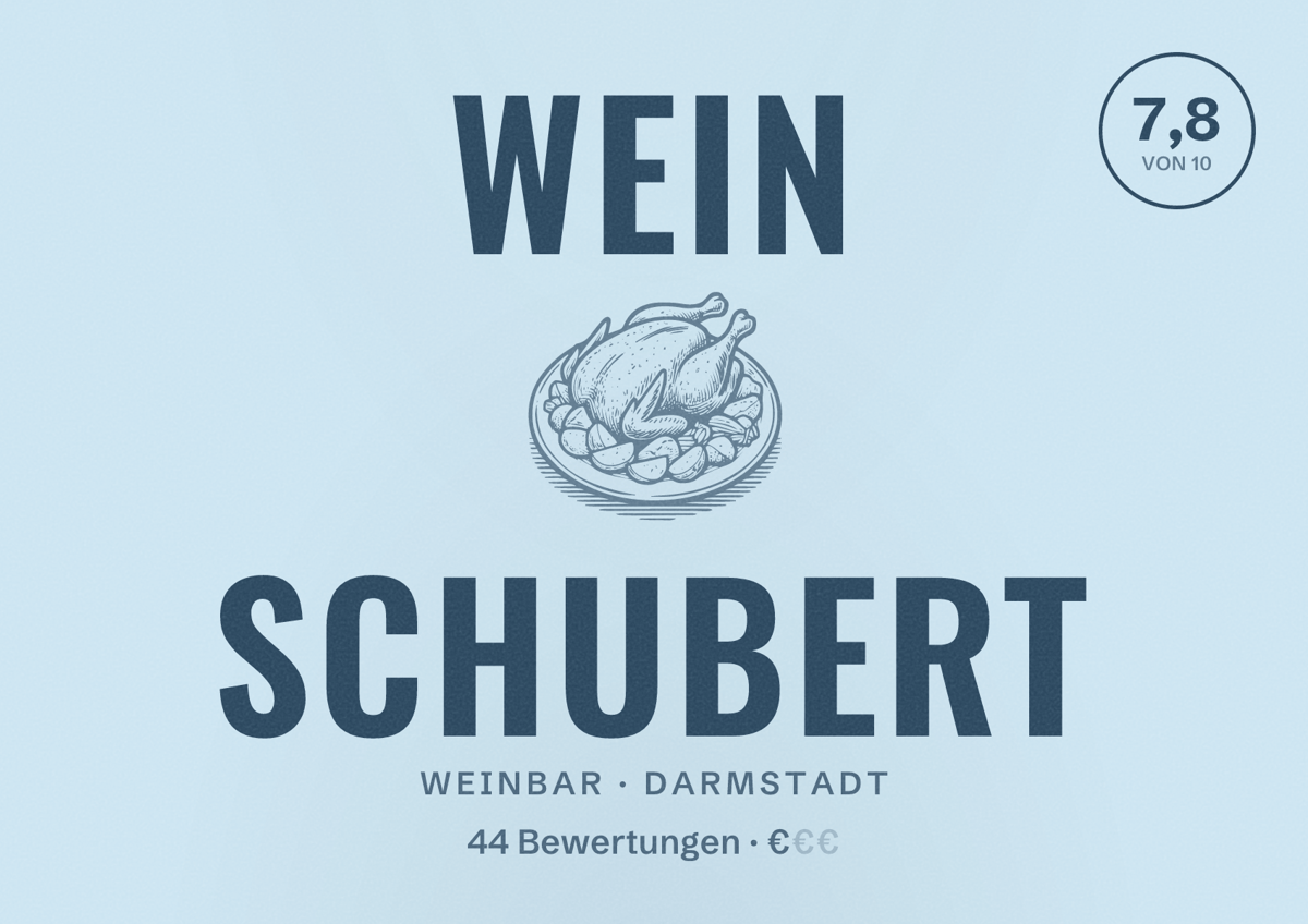 Illustriertes Poster von Wein Schubert, Weinbar in Darmstadt: Bewertung 7,8 von 10 aus 44 Bewertungen, Preisniveau €
