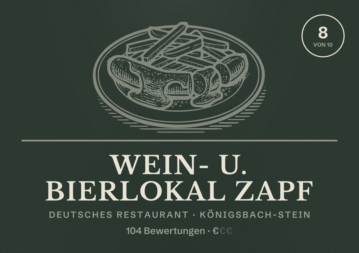 Illustriertes Poster von Wein- u. Bierlokal Zapf, Deutsches Restaurant in Königsbach-Stein: Bewertung 8 von 10 aus 104 Bewertungen, Preisniveau €
