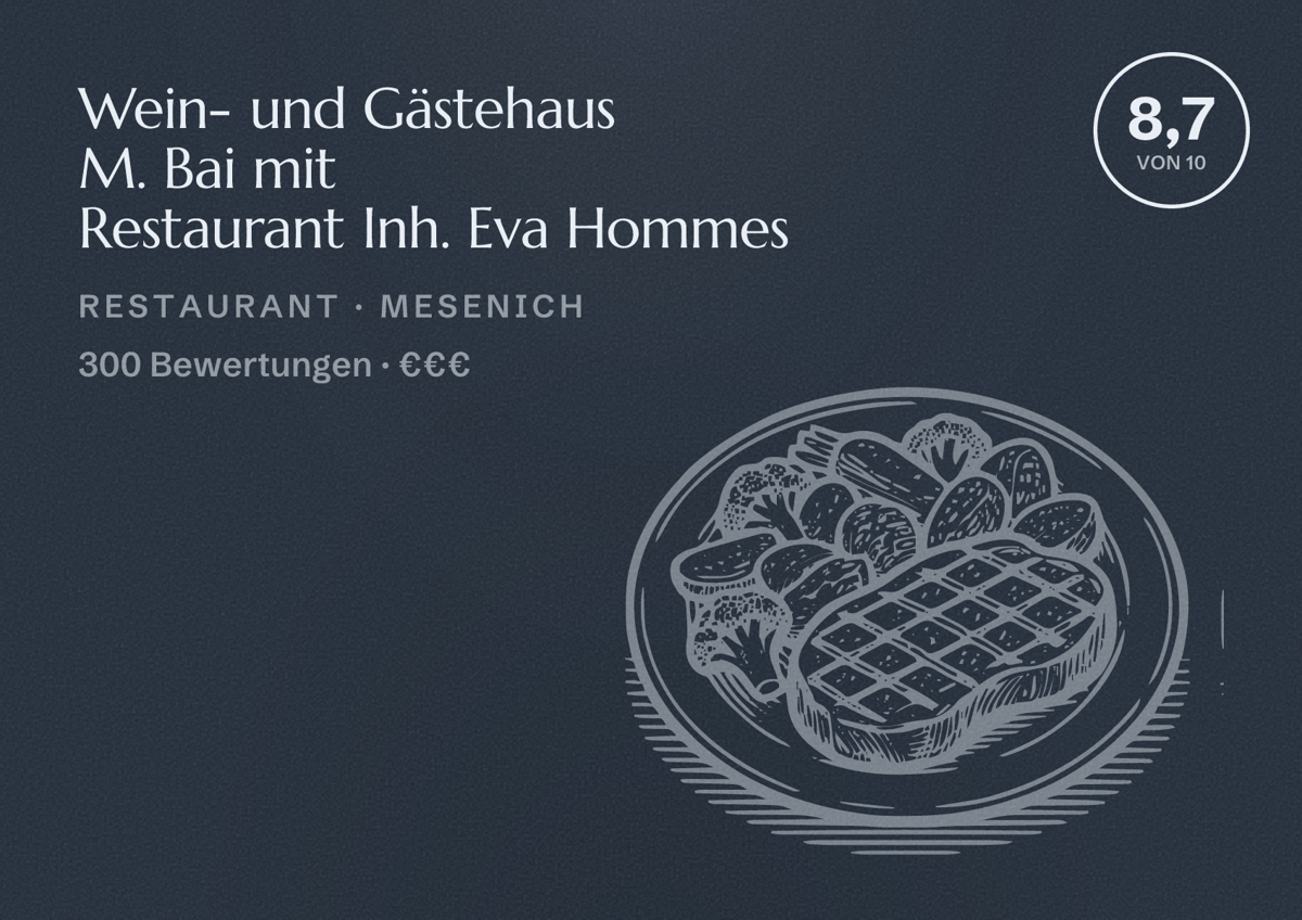 Illustriertes Poster von Wein- und Gästehaus M. Bai mit Restaurant Inh. Eva Hommes, Restaurant in Mesenich: Bewertung 8,7 von 10 aus 300 Bewertungen, Preisniveau €€€