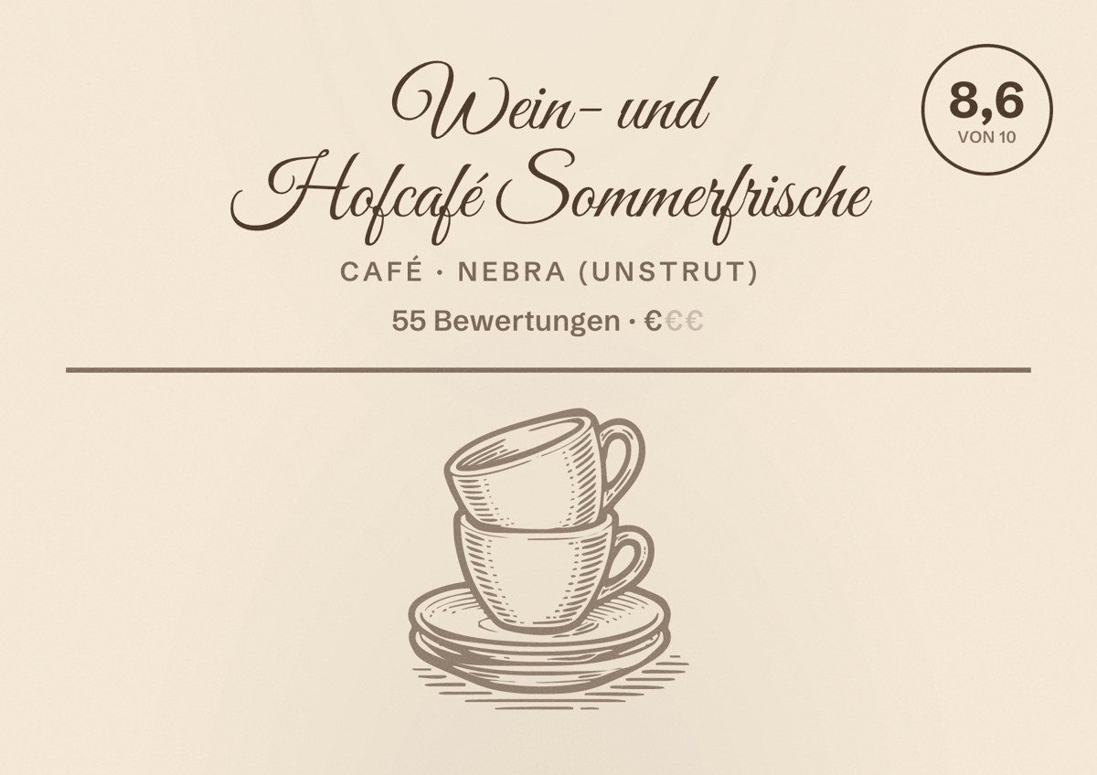 Illustriertes Poster von Wein- und Hofcafé Sommerfrische, Café in Nebra (Unstrut): Bewertung 8,6 von 10 aus 55 Bewertungen, Preisniveau €