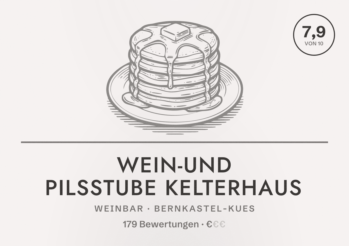 Illustriertes Poster von Wein-und Pilsstube Kelterhaus, Weinbar in Bernkastel-Kues: Bewertung 7,9 von 10 aus 179 Bewertungen, Preisniveau €