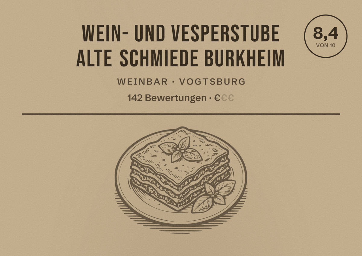 Illustriertes Poster von Wein- und Vesperstube Alte Schmiede Burkheim, Weinbar in Vogtsburg: Bewertung 8,4 von 10 aus 142 Bewertungen, Preisniveau €