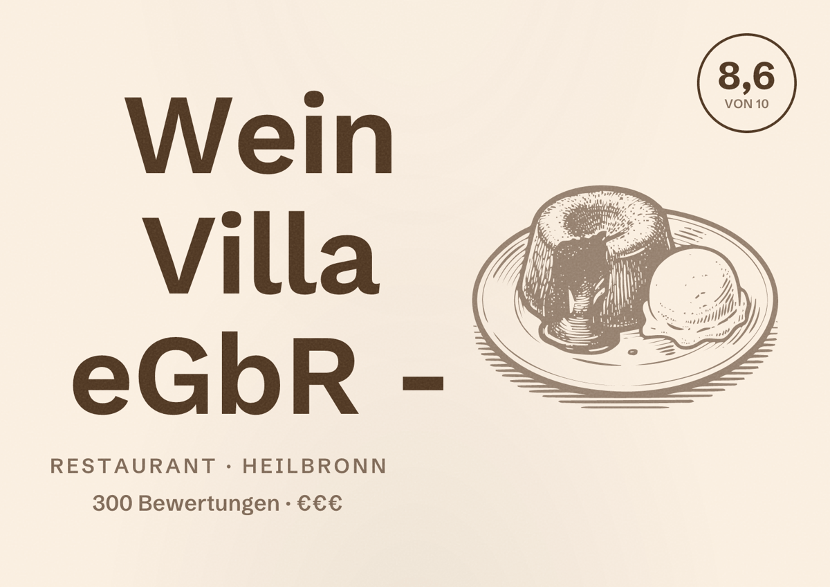 Illustriertes Poster von Wein Villa eGbR -, Restaurant in Heilbronn: Bewertung 8,6 von 10 aus 300 Bewertungen, Preisniveau €€€
